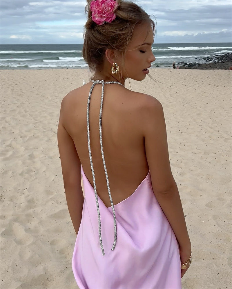 שמלת מיני סאטן בעיצוב חוטי זרקונים מנצנצים לקשירה בצוואר - קולין