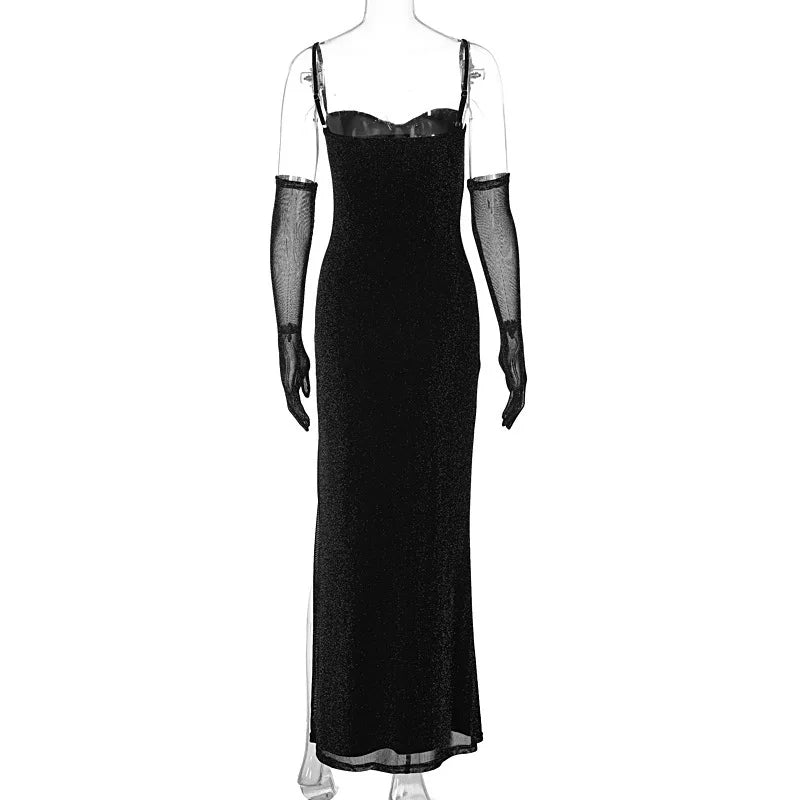 שמלת מקסי נצנצים בעיצוב שסע בעיטור כפפות - Daphne