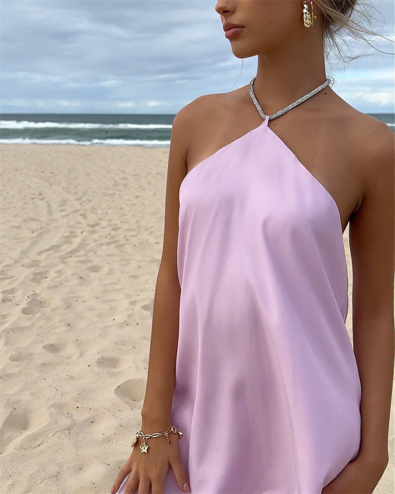 שמלת מיני סאטן בעיצוב חוטי זרקונים מנצנצים לקשירה בצוואר - קולין