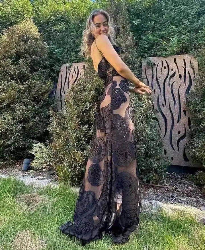 שמלת מקסי בעיטור רקמת פרחים בעיצוב כתפייה אחת - רעייה