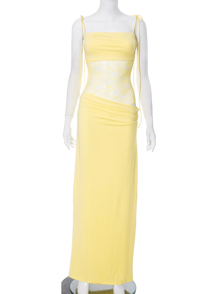 שמלת מקסי אלגנטית בעיצוב תחרה קשירה בכתפיות - Indigo