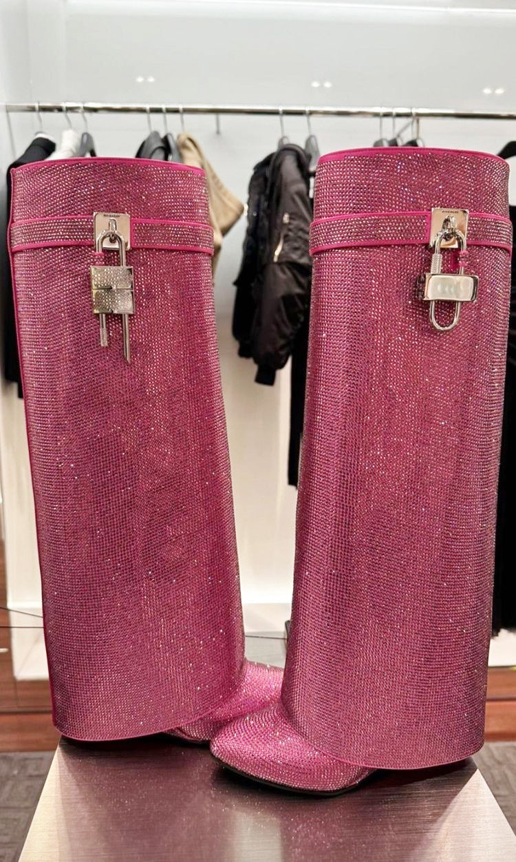 מגפי עקב גבוהים בעיצוב זרקונים מנצנצים ומנעול - Bailey