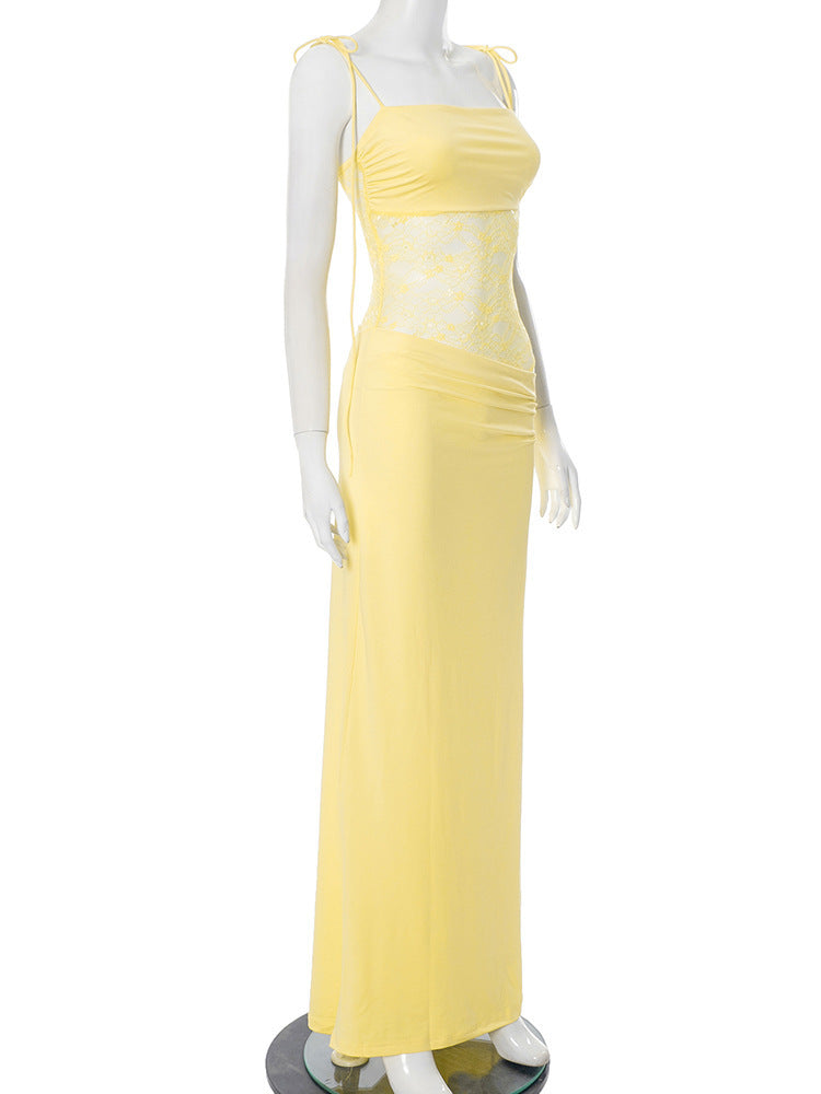 שמלת מקסי אלגנטית בעיצוב תחרה קשירה בכתפיות - Indigo