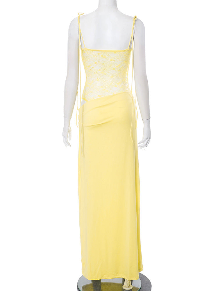 שמלת מקסי אלגנטית בעיצוב תחרה קשירה בכתפיות - Indigo