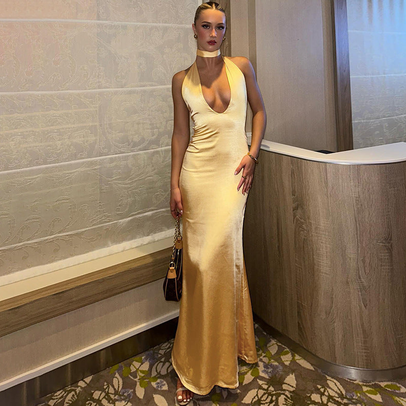 שמלת סאטן מחשוף עמוק קשירה בצוואר - פאולינה