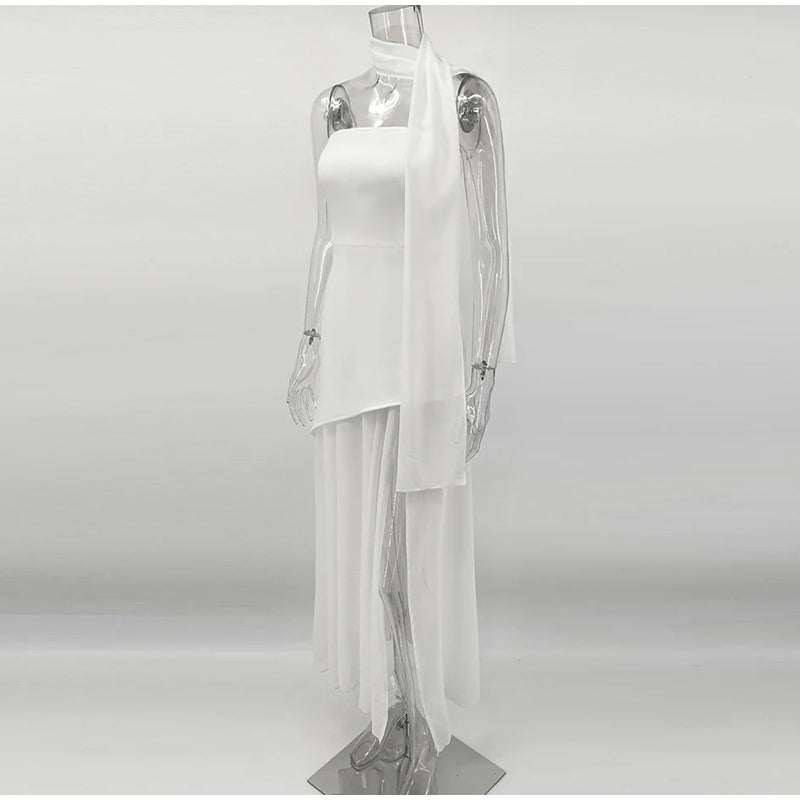 שמלת מקסי סטרפלס חלק תחתון שיפון בעיצוב שסע בעיטור צעיף תואם - Princess