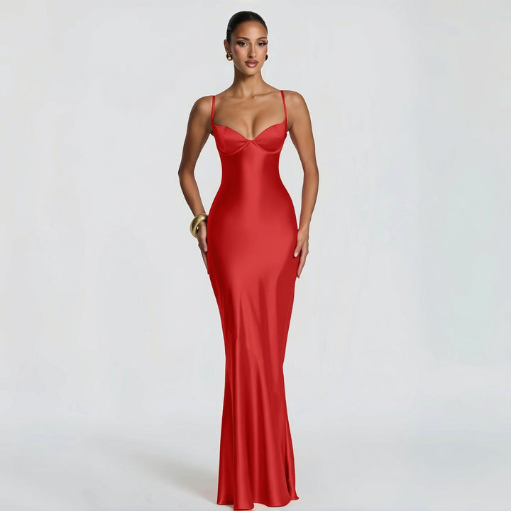 Alaia satin maxi dress with a back tie and waist-cinching design