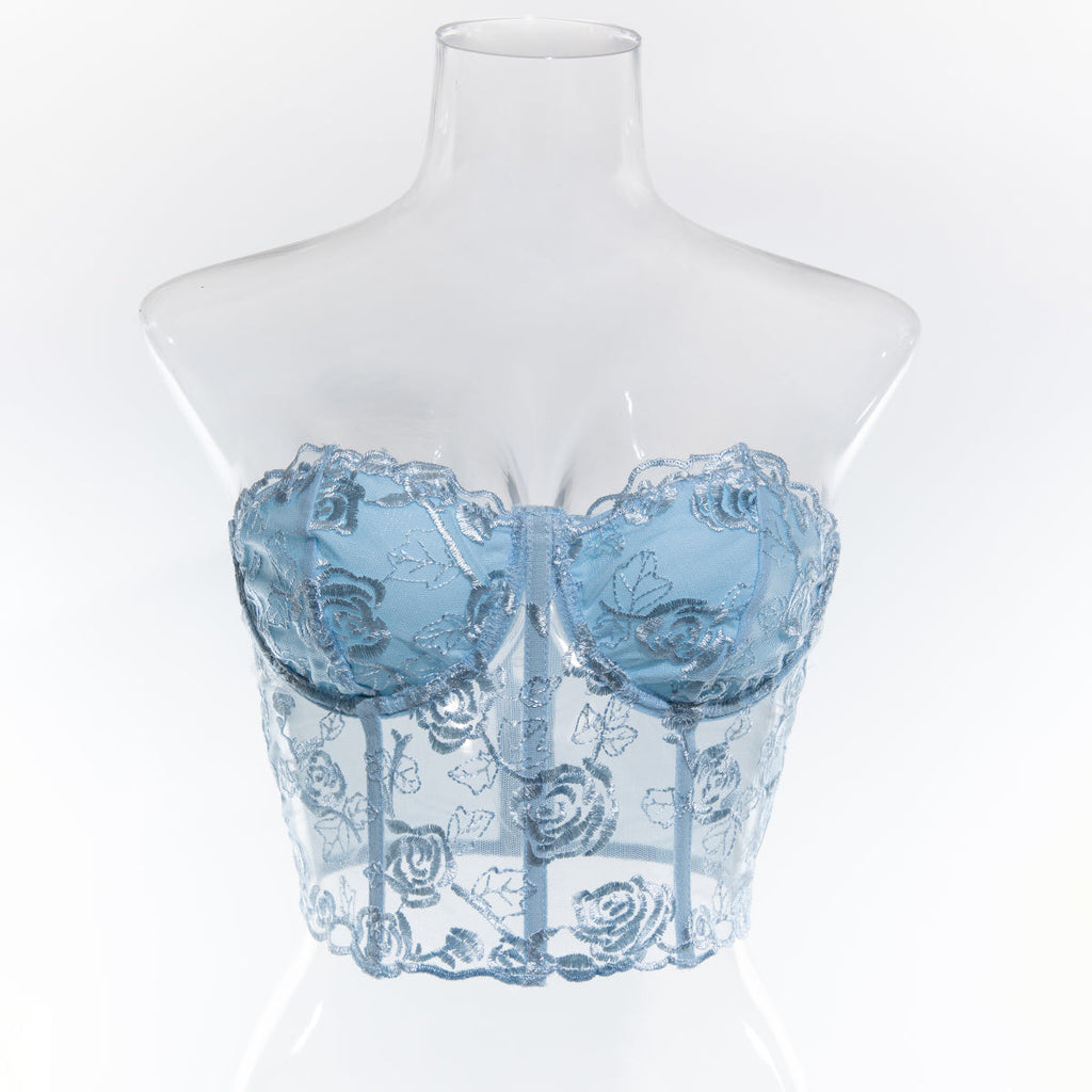 טופ סטרפלס רשת בעיטור רקמת פרחים - נויה לי