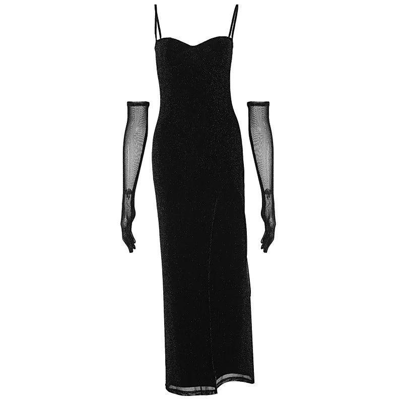 שמלת מקסי נצנצים בעיצוב שסע בעיטור כפפות - Daphne