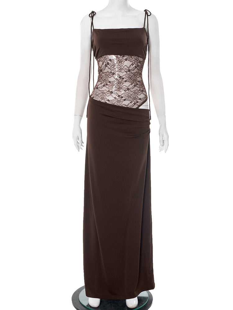 שמלת מקסי אלגנטית בעיצוב תחרה קשירה בכתפיות - Indigo