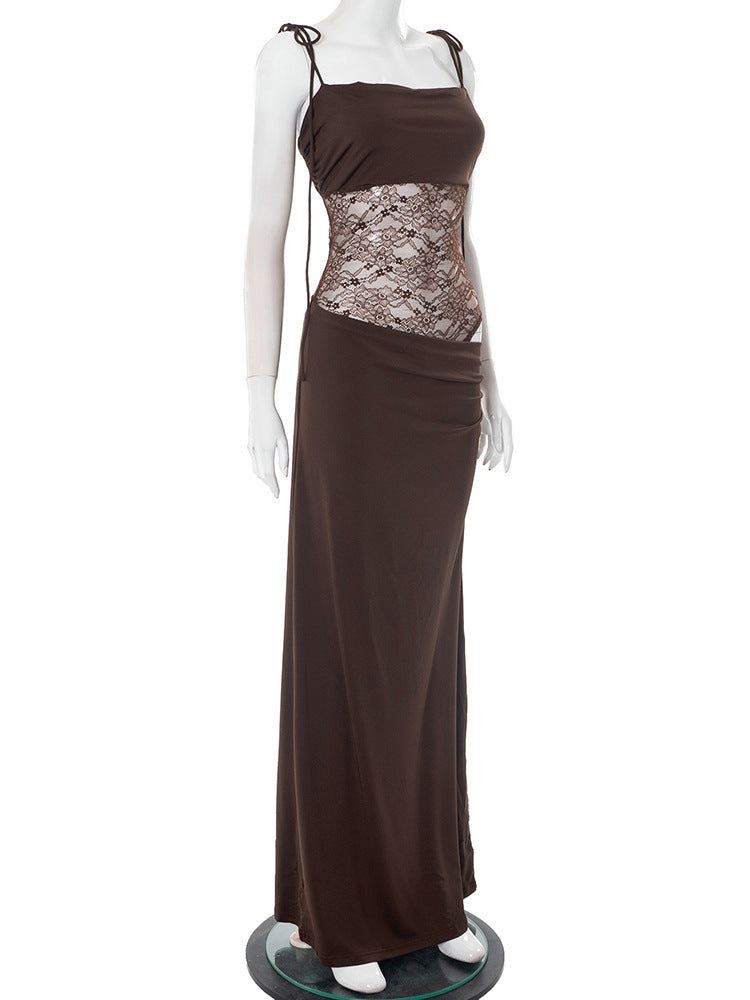 שמלת מקסי אלגנטית בעיצוב תחרה קשירה בכתפיות - Indigo