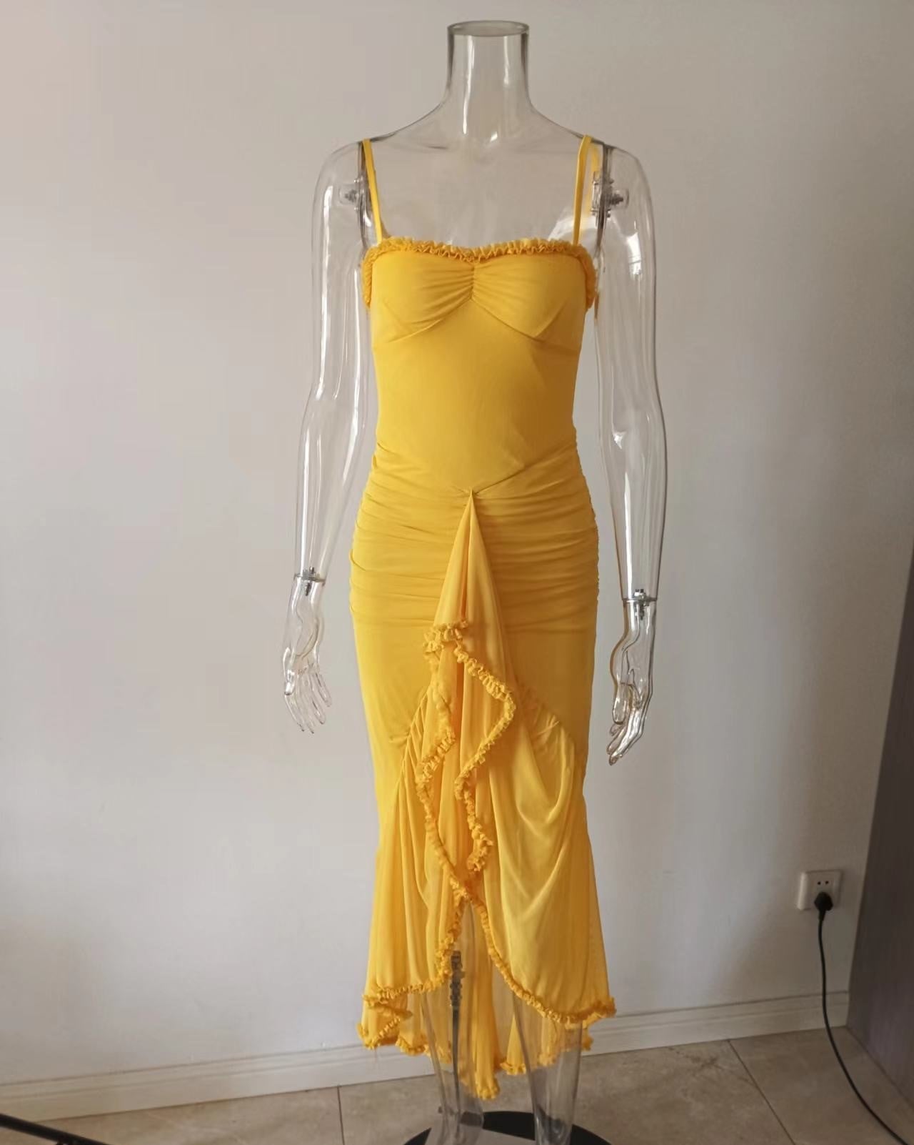 שמלת מקסי אסימטרית מלמלה בעיטור שיפון - ג'סמינה