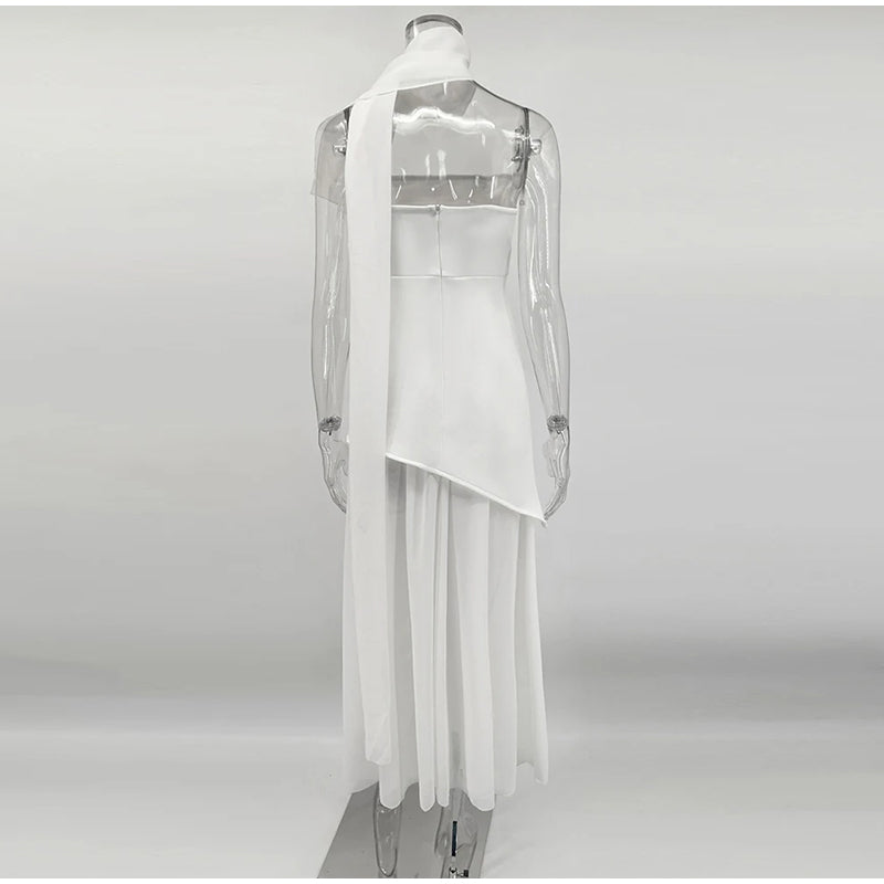 שמלת מקסי סטרפלס חלק תחתון שיפון בעיצוב שסע בעיטור צעיף תואם - Princess