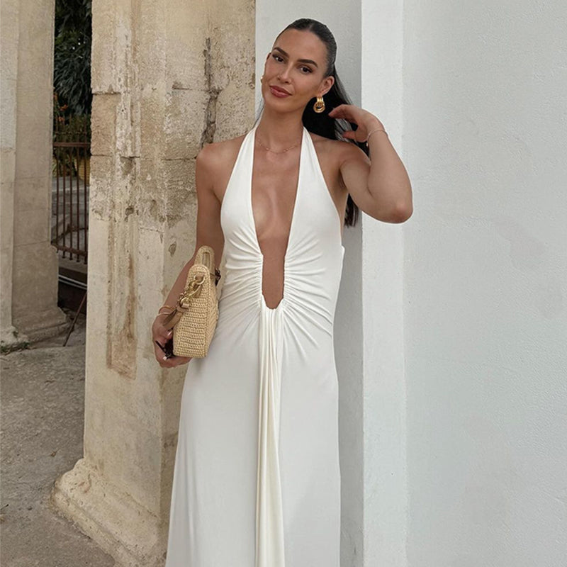 שמלת מקסי מחשוף עמוק גב פתוח - עלמה