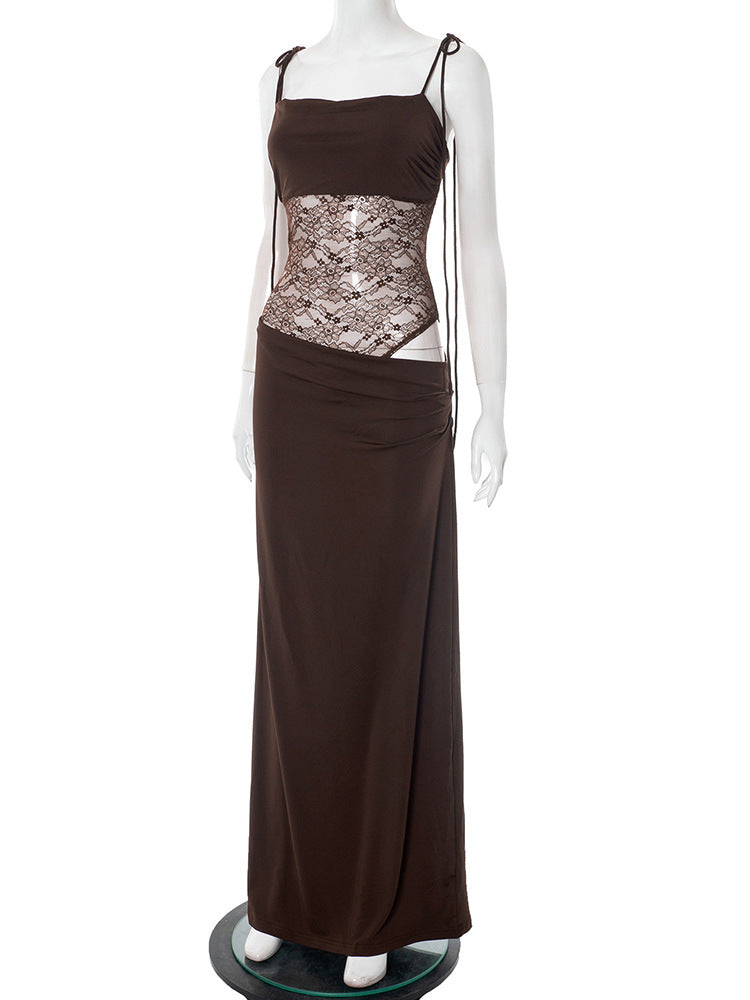 שמלת מקסי אלגנטית בעיצוב תחרה קשירה בכתפיות - Indigo