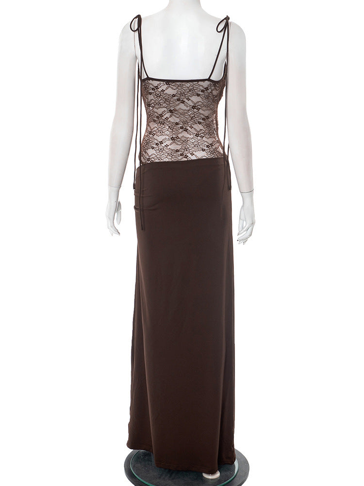 שמלת מקסי אלגנטית בעיצוב תחרה קשירה בכתפיות - Indigo