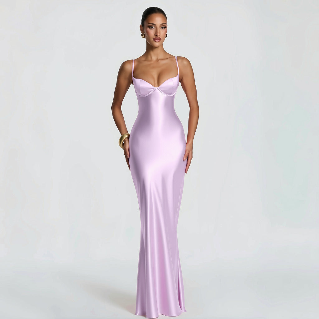 Alaia satin maxi dress with a back tie and waist-cinching design