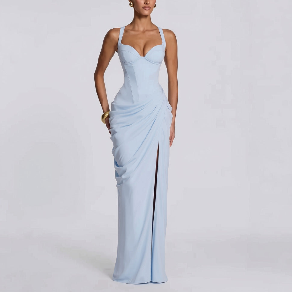 Layla maxi dress with a slit, pleats, corset design, back tie, and waist-cinching fit