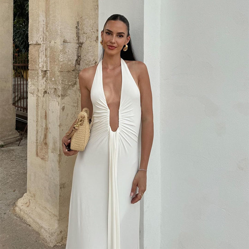 שמלת מקסי מחשוף עמוק גב פתוח - עלמה