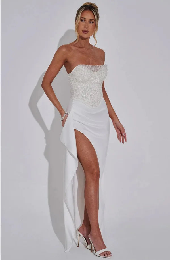 סט שני חלקים חצאית מקסי סאטן וטופ מחוך סטרפלס בעיטור פייטים - Milani