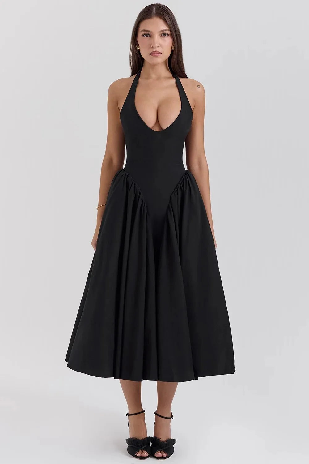 שמלת מידי בגזרת A קשירה בצוואר גב פתוח - Makenna