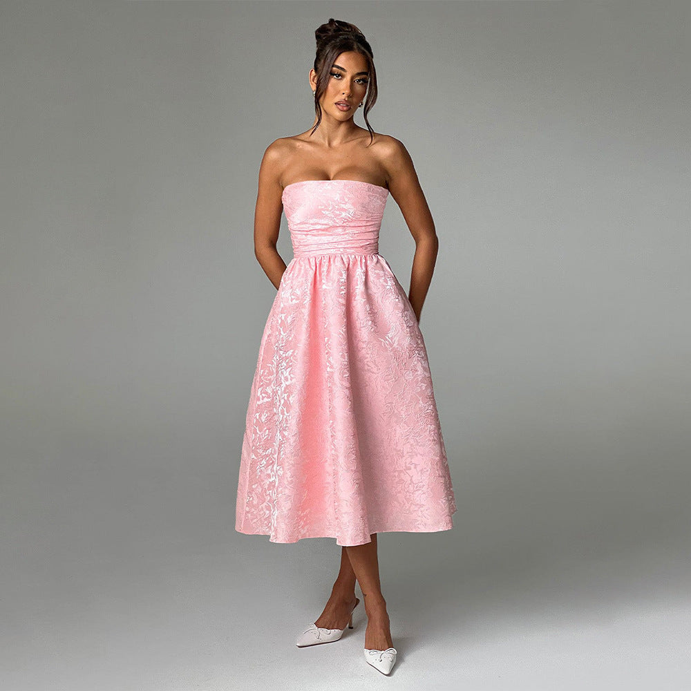 שמלת מידי סטרפלס בגזרת A גב פתוח בעיטור רקמת איורי פרחים - פלורה