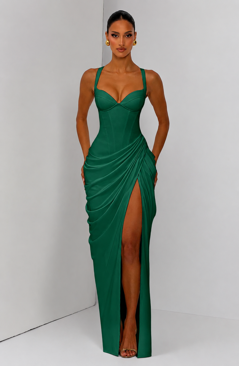 Layla maxi dress with a slit, pleats, corset design, back tie, and waist-cinching fit