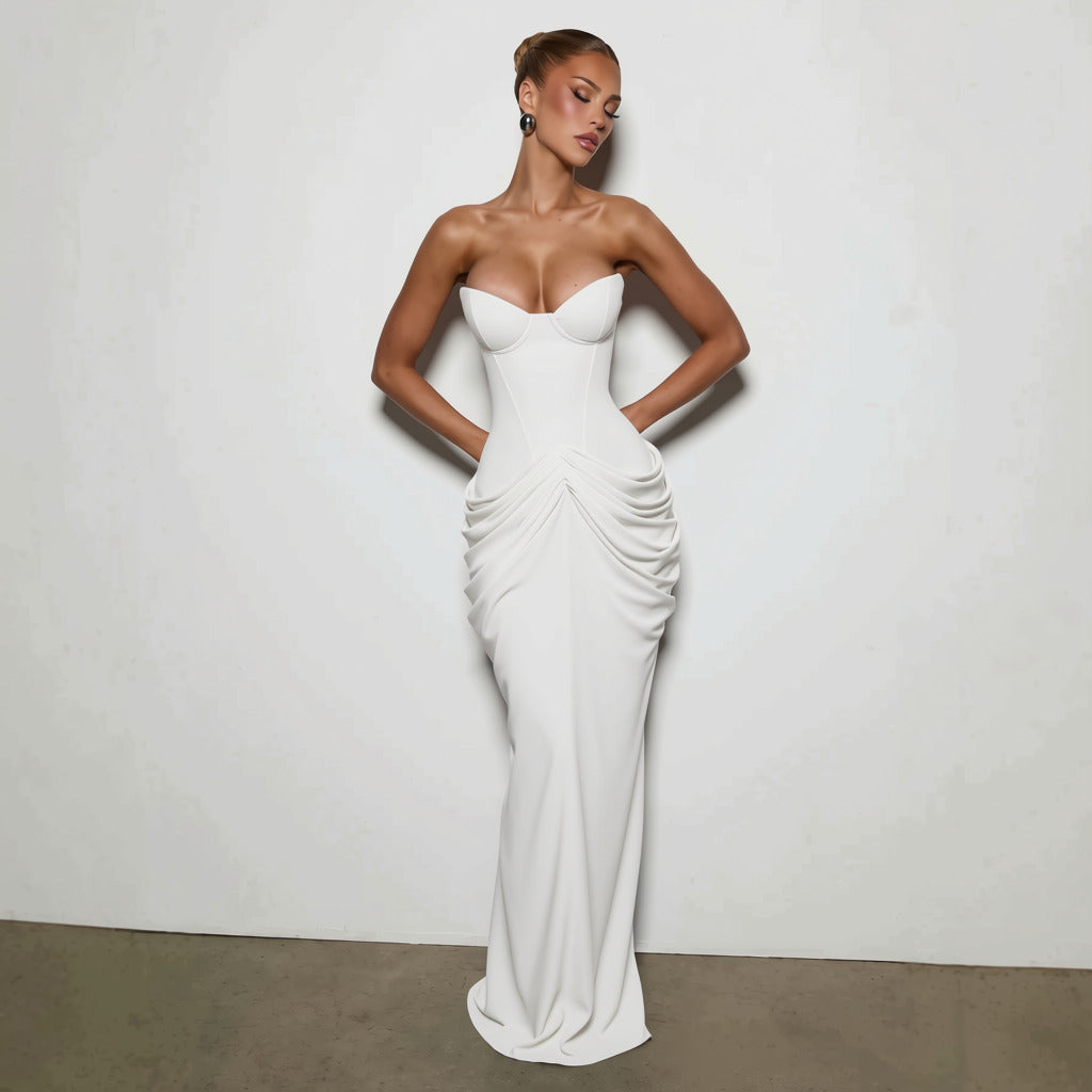 Nalia strapless maxi dress with pleats, corset design, back tie, and waist-cinching fit