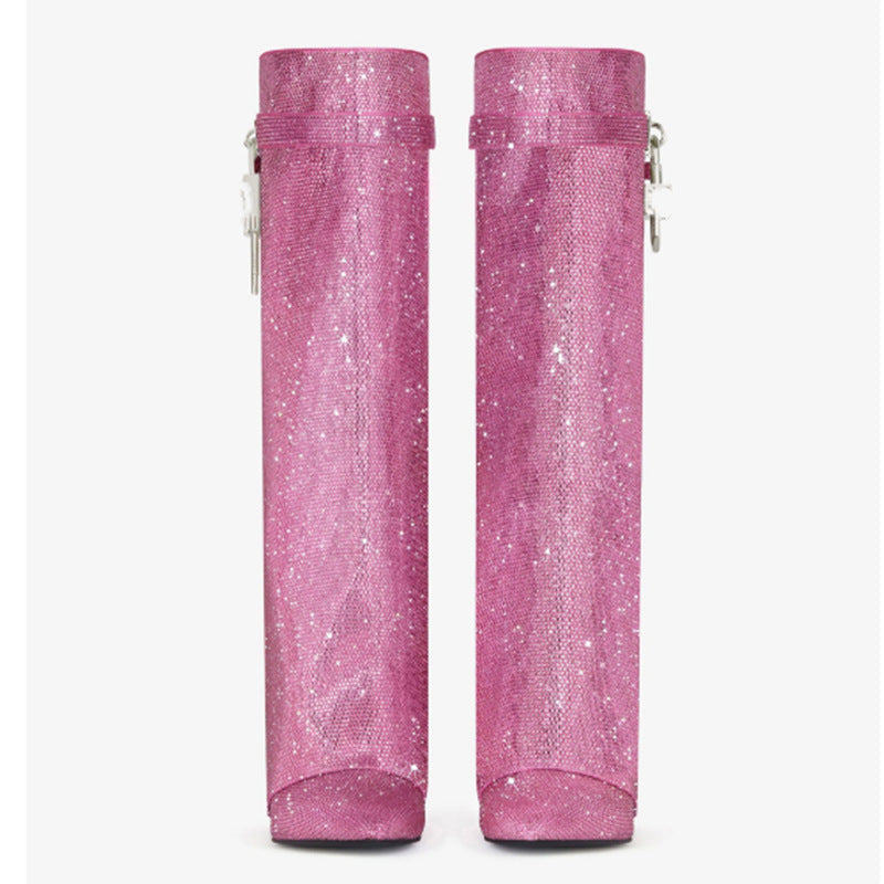 High heel boots with glittering rhinestones and a lock - Bailey