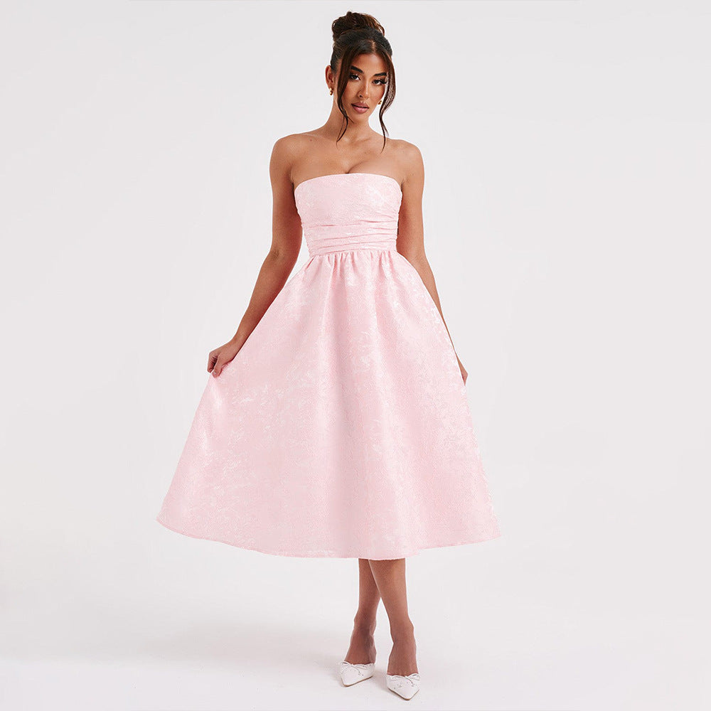 שמלת מידי סטרפלס בגזרת A גב פתוח בעיטור רקמת איורי פרחים - פלורה