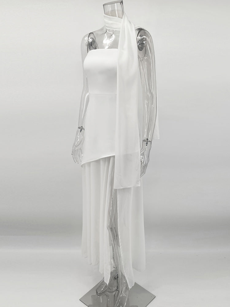 שמלת מקסי סטרפלס חלק תחתון שיפון בעיצוב שסע בעיטור צעיף תואם - Princess