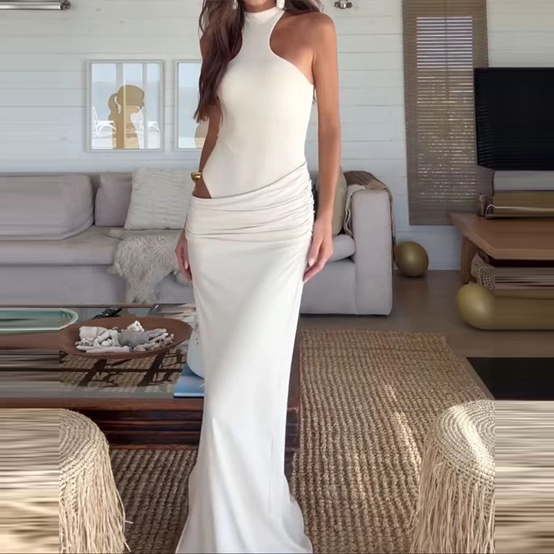 שמלת מקסי בעיצוב בגד גוף צמוד וחצאית סאטן - מריס