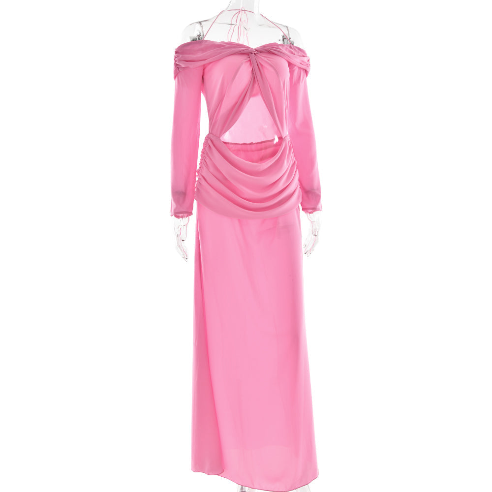 שמלת מקסי שיפון בעיצוב קיפולים ופתח כתפיים חשופות - וולנס