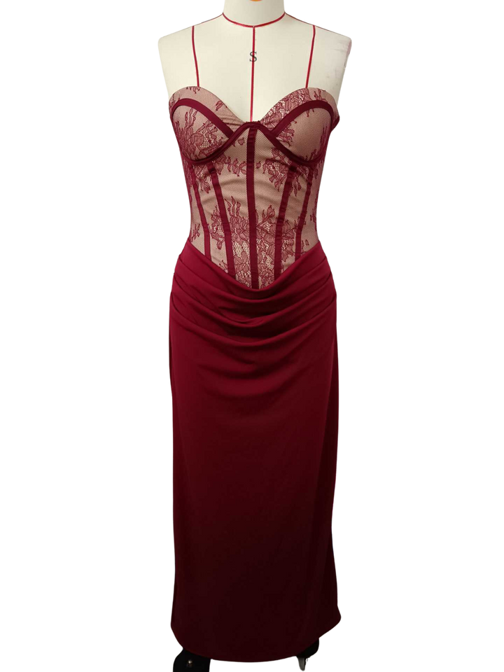 Strapless maxi dress with a lace design, back tie, and satin pleats – Larian