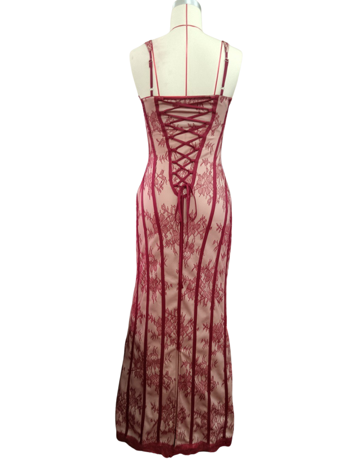 TERNA lace maxi dress with a back tie and waist-cinching design