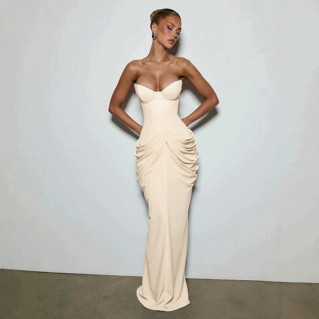 Nalia strapless maxi dress with pleats, corset design, back tie, and waist-cinching fit