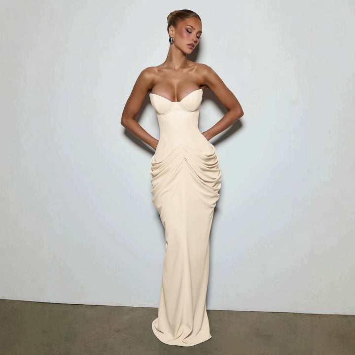 Nalia strapless maxi dress with pleats, corset design, back tie, and waist-cinching fit