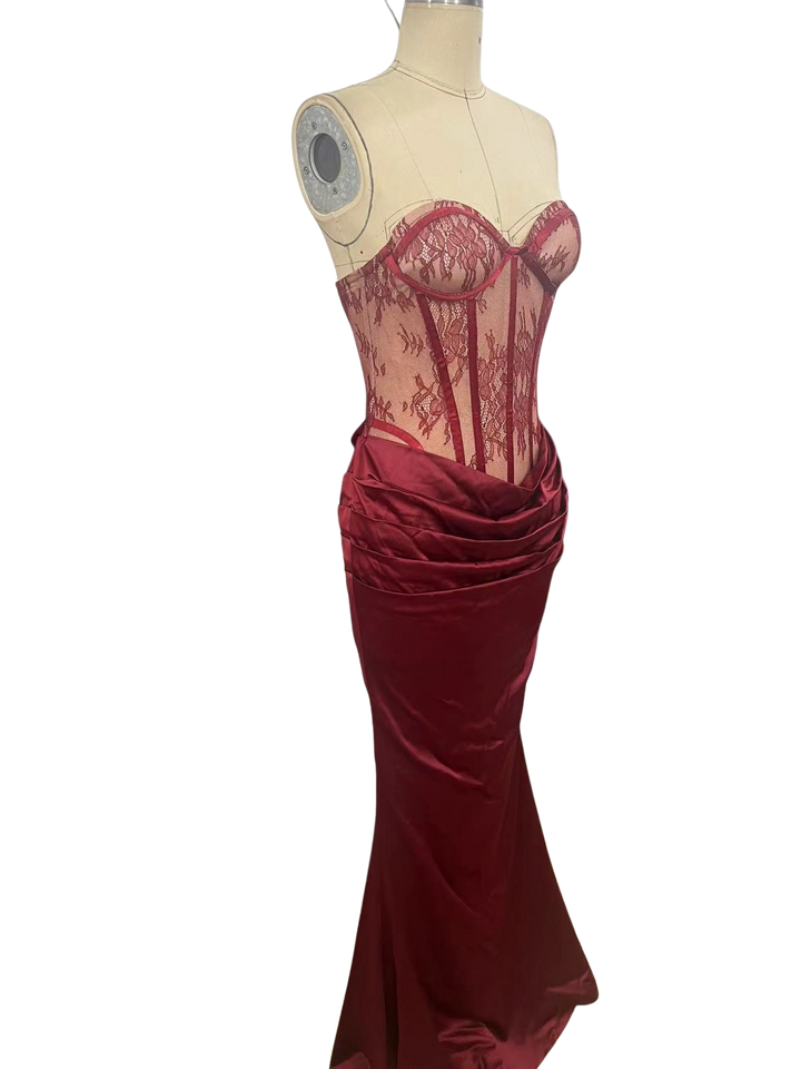 Strapless maxi dress with a lace design, back tie, and satin pleats – Larian
