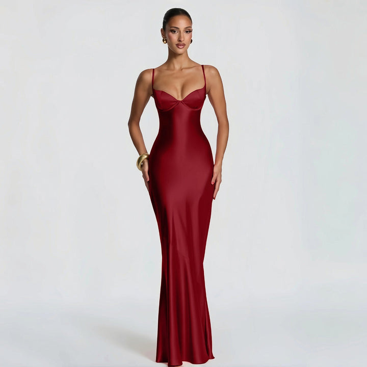 Alaia satin maxi dress with a back tie and waist-cinching design