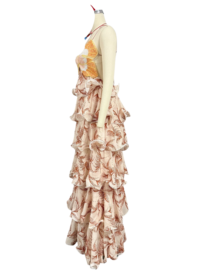 Tiered ruffled maxi dress with sequin and bead embellishments, back tie, and open back - Mariposa