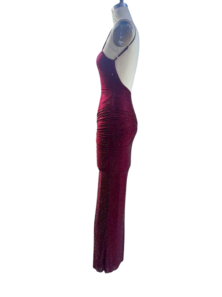 Tight maxi dress with glittering rhinestones and gathers - DIAN