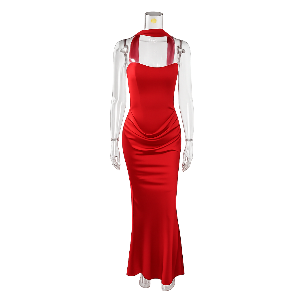 Strapless maxi dress with satin pleats and a tie-back bodice with a scarf decoration - GENNA