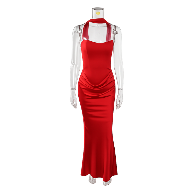 Strapless maxi dress with satin pleats and a tie-back bodice with a scarf decoration - GENNA