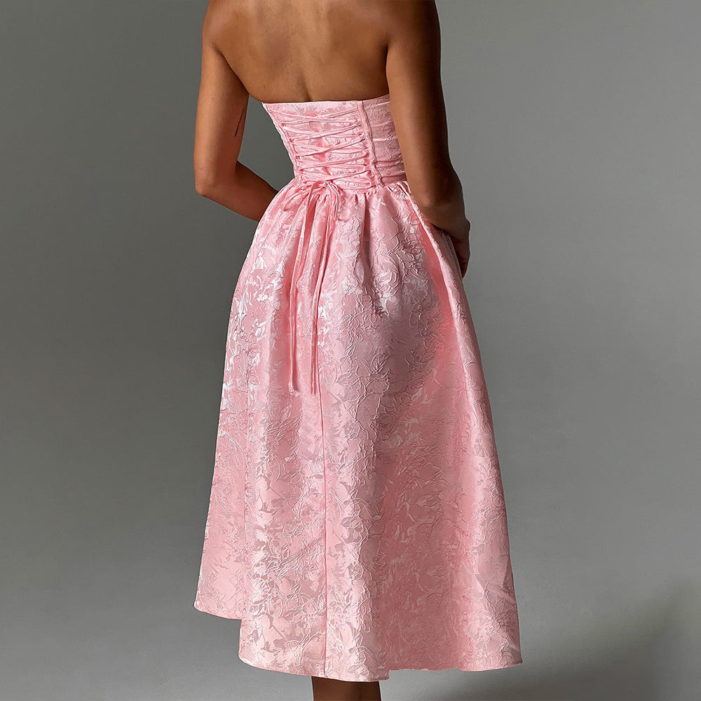 שמלת מידי סטרפלס בגזרת A גב פתוח בעיטור רקמת איורי פרחים - פלורה