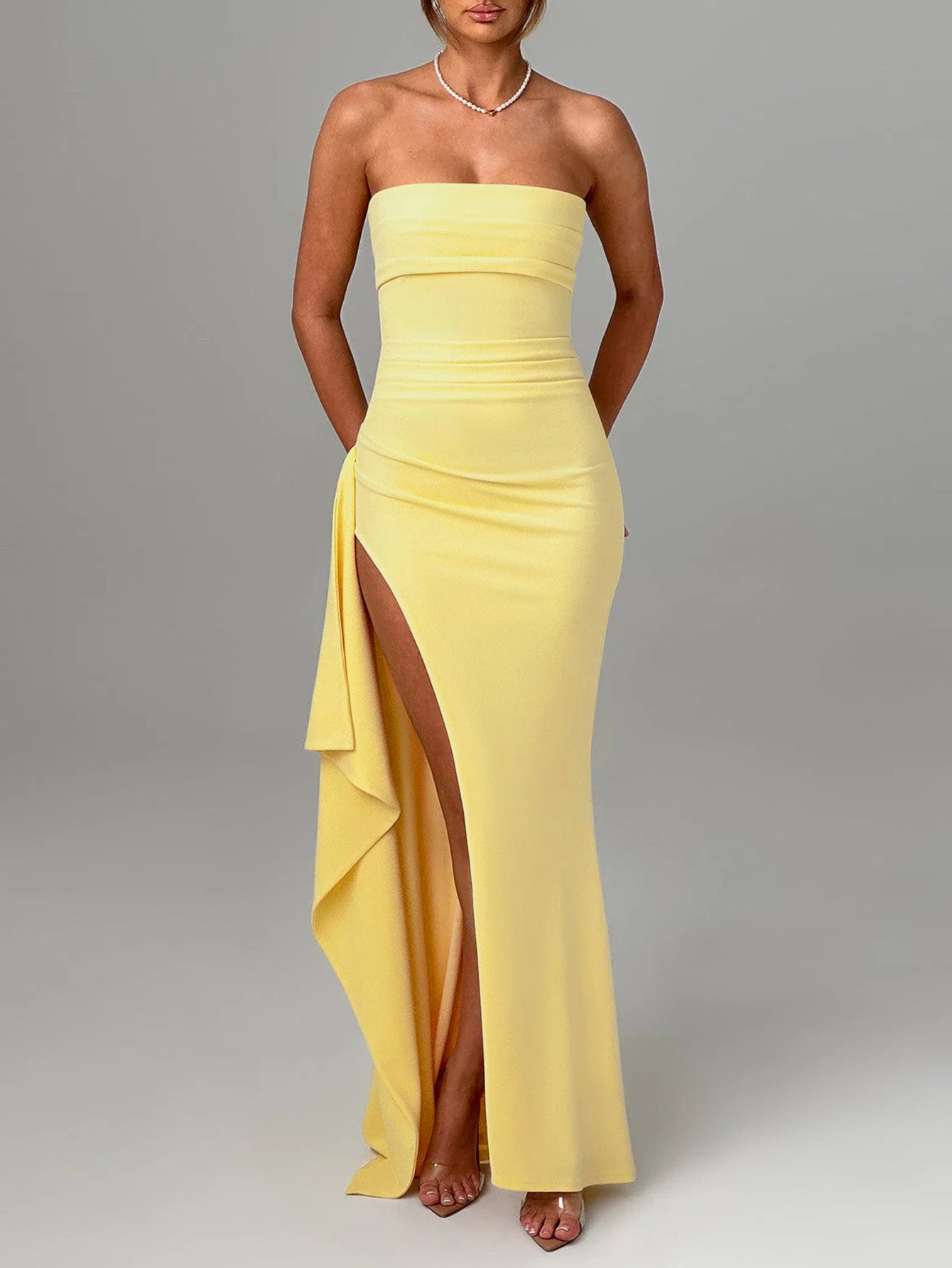 שמלת מקסי סטרפלס מלמלה שסע עמוק - מולינה