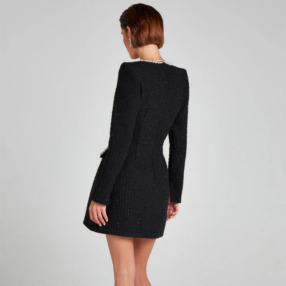 שמלת מיני אלגנטית שרוול קצר/ארוך סגנון מחויט בד ארוג בעיטור נצנצים ופנינים - Lucia