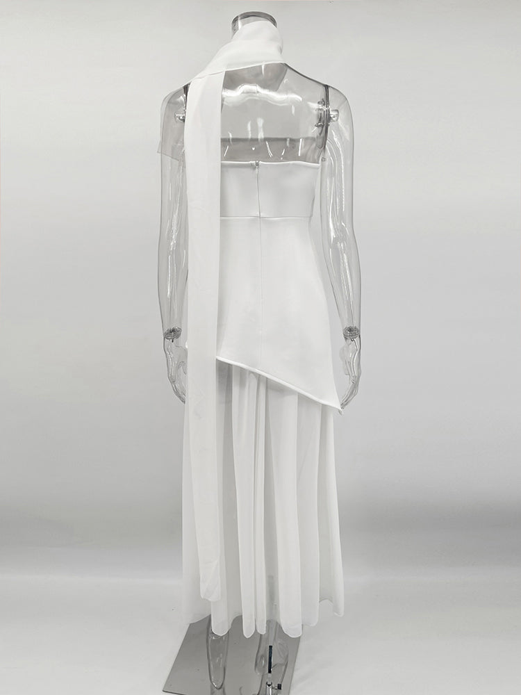 שמלת מקסי סטרפלס חלק תחתון שיפון בעיצוב שסע בעיטור צעיף תואם - Princess