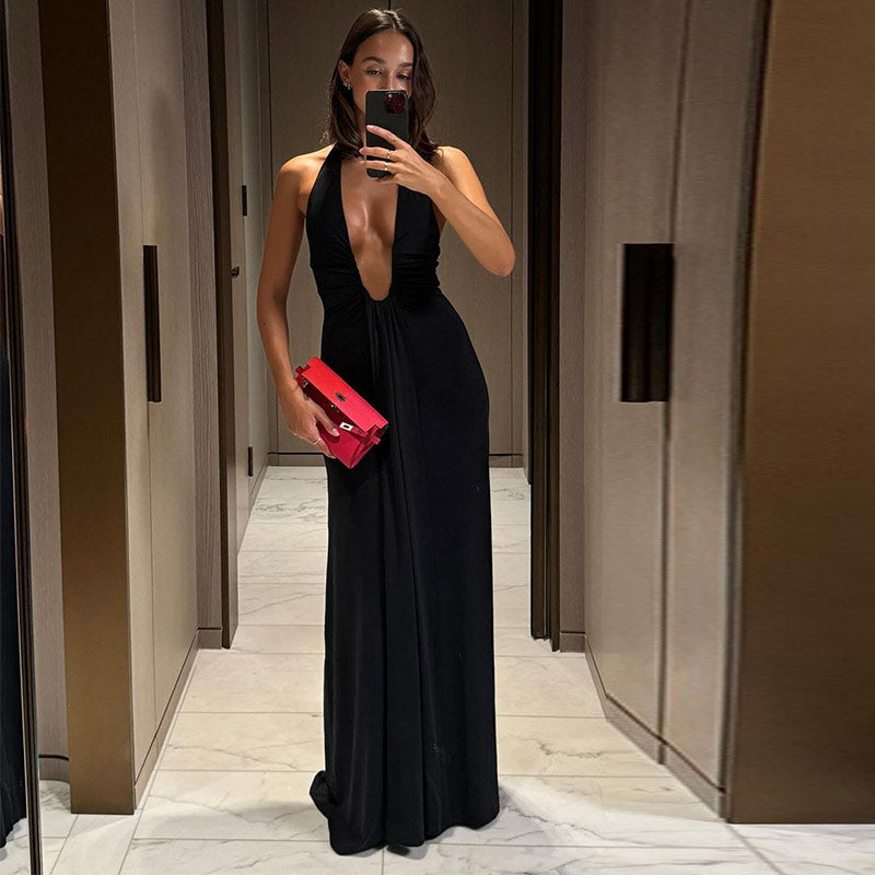 שמלת מקסי מחשוף עמוק גב פתוח - עלמה