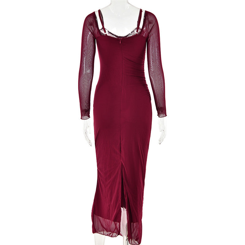 שמלת מקסי שיפון בגזרת מחוך בעיטור תחרה - סקרלט