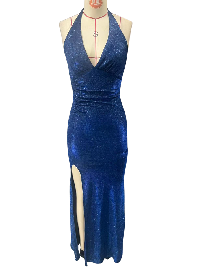 Maxi dress with sequins, gathers, and slit design - KRISTI